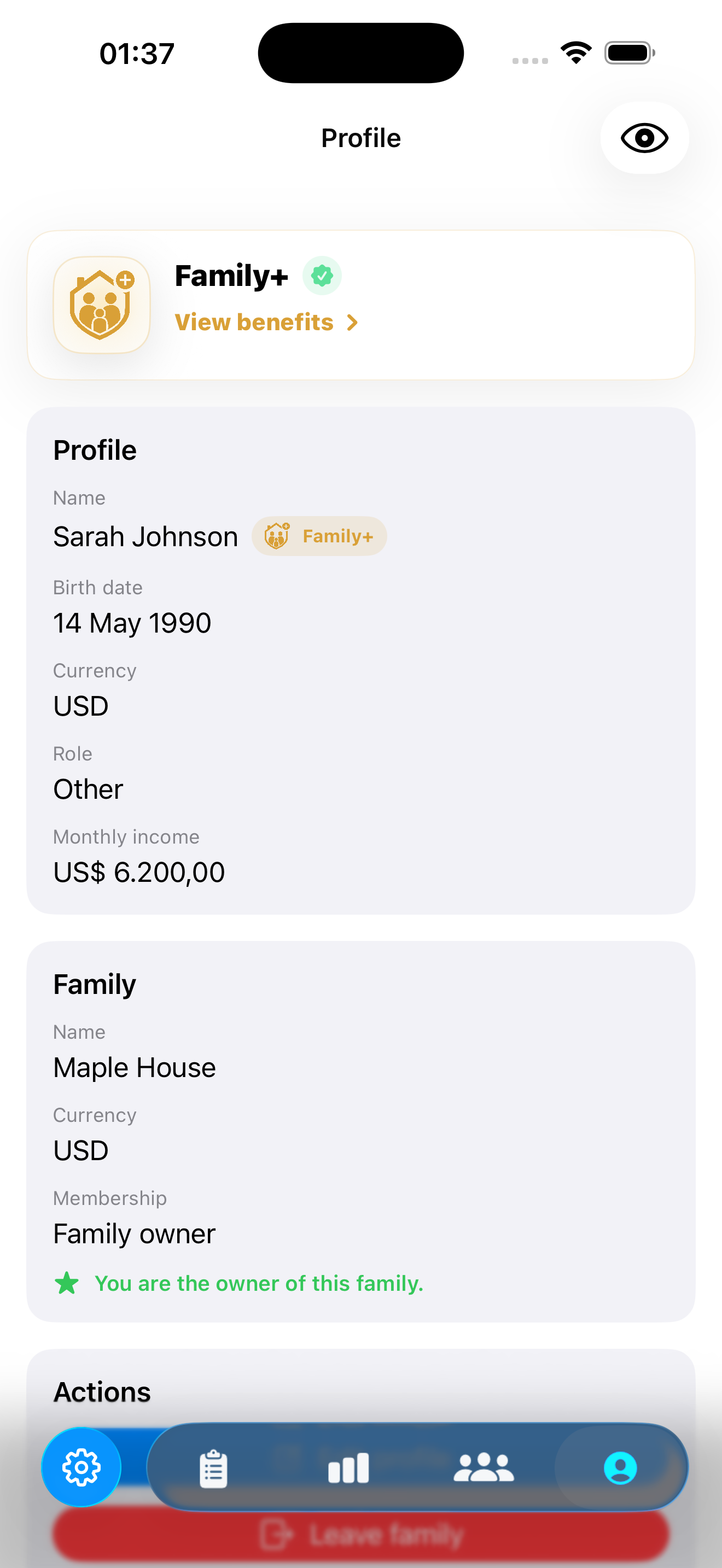Profile and settings screen in light mode