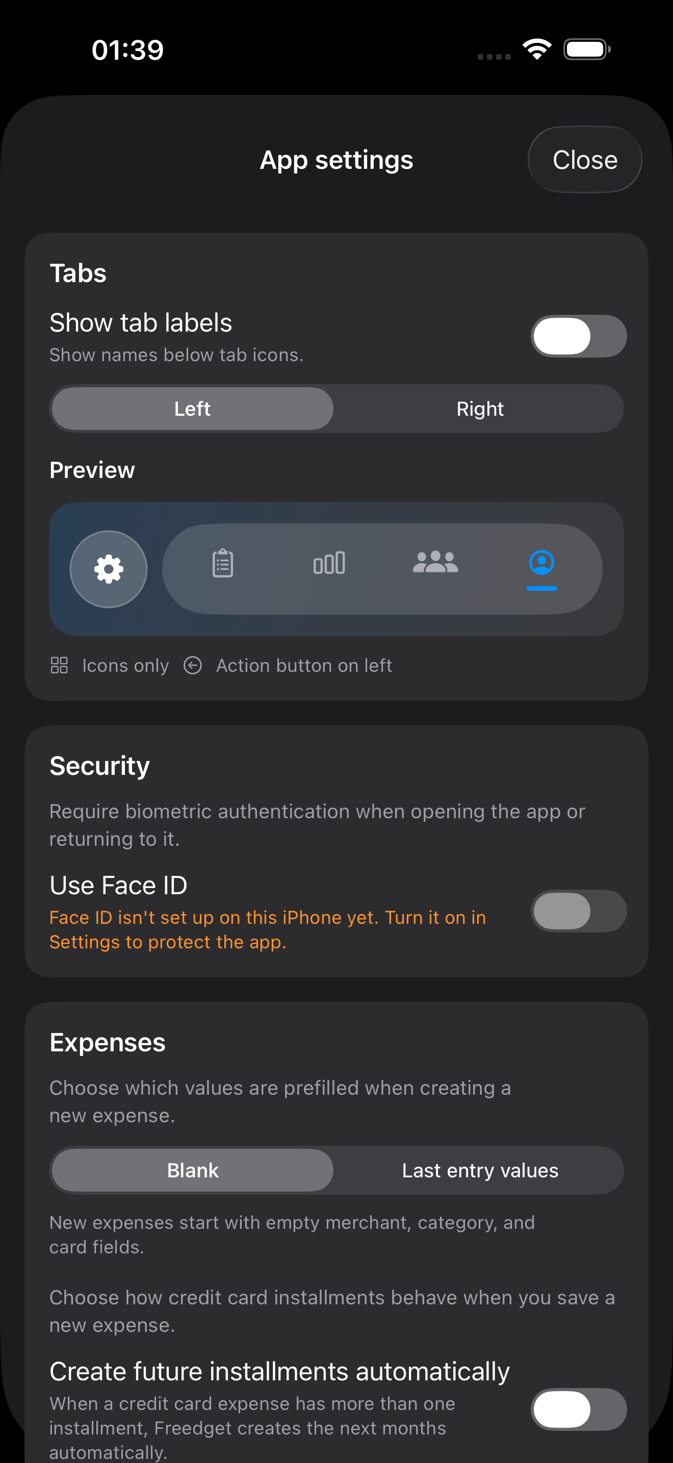 Freedget settings in dark mode