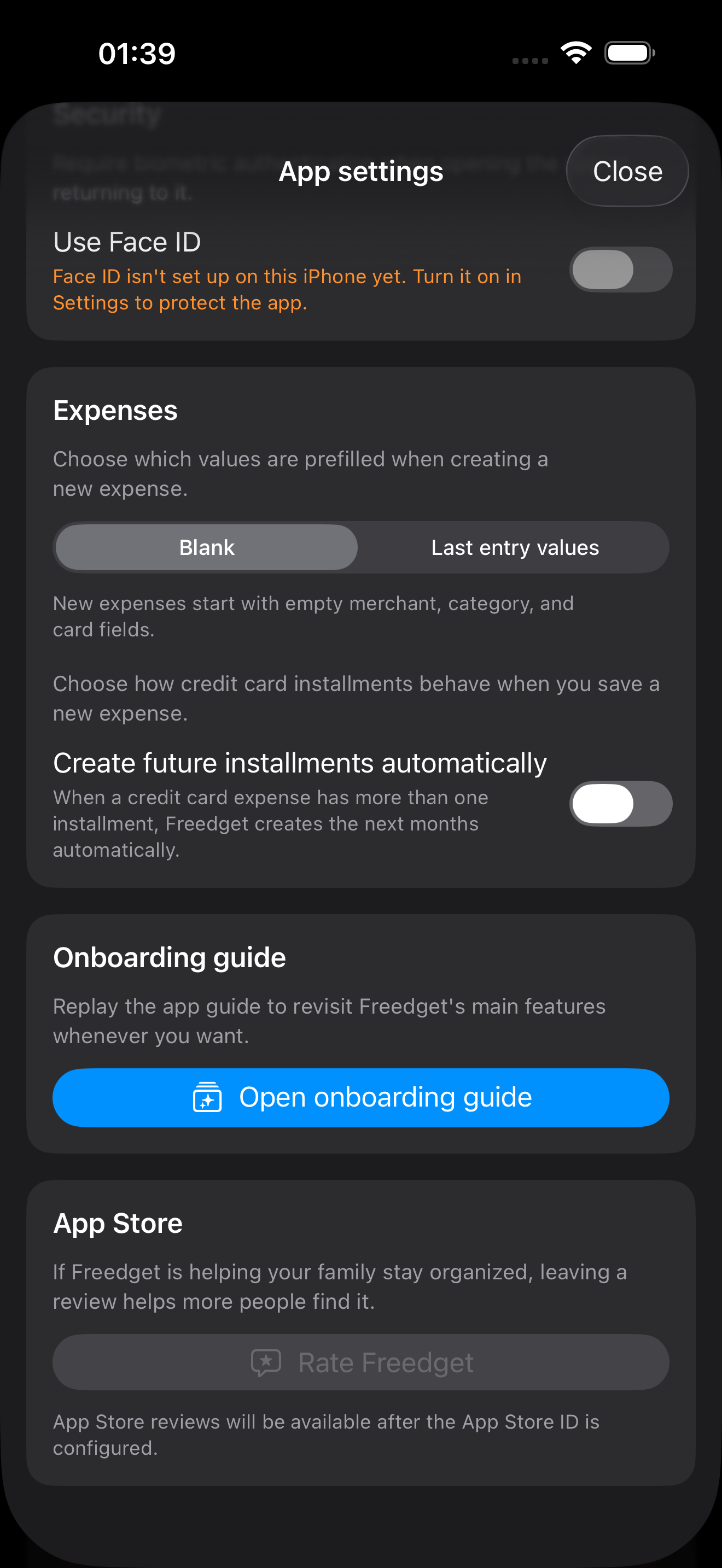 Freedget backup settings in dark mode