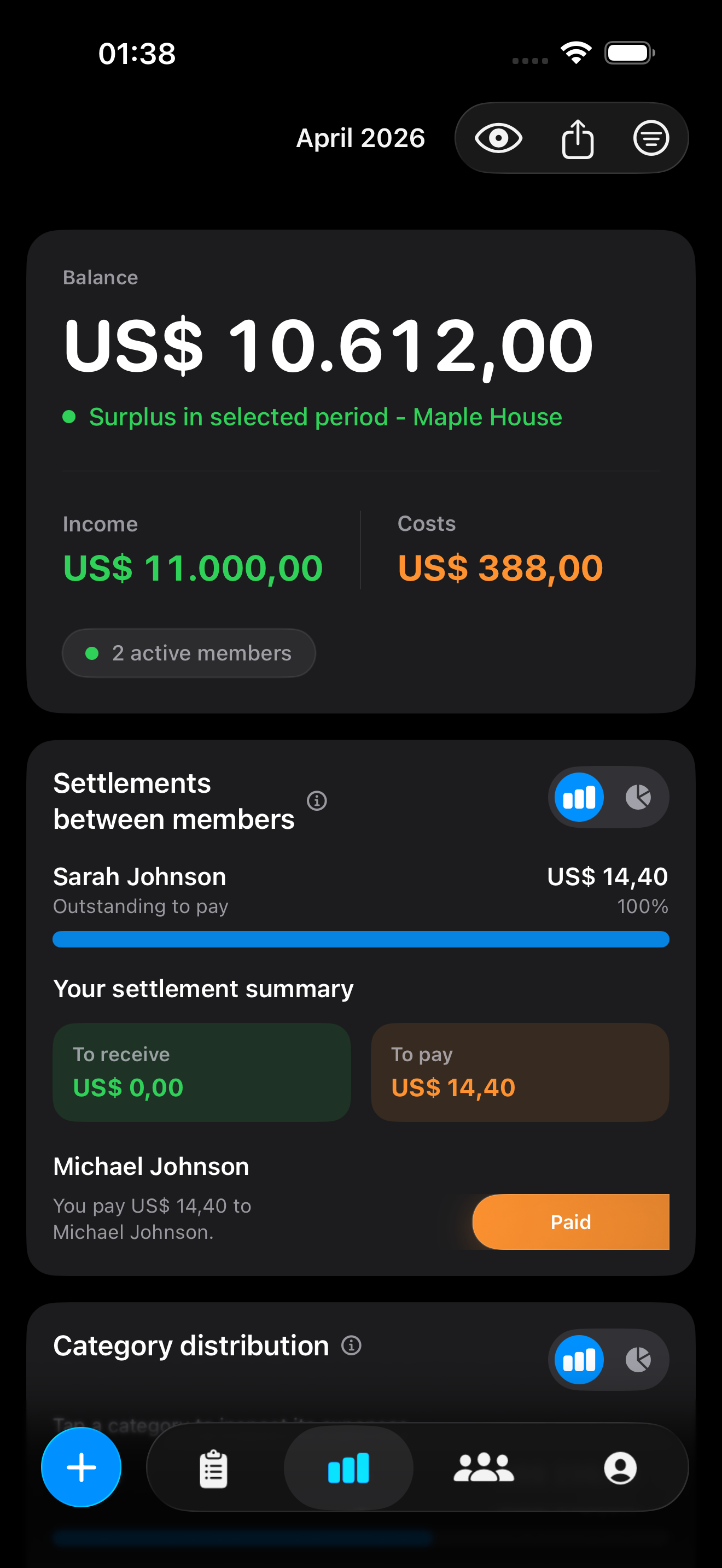 Freedget dashboard in dark mode
